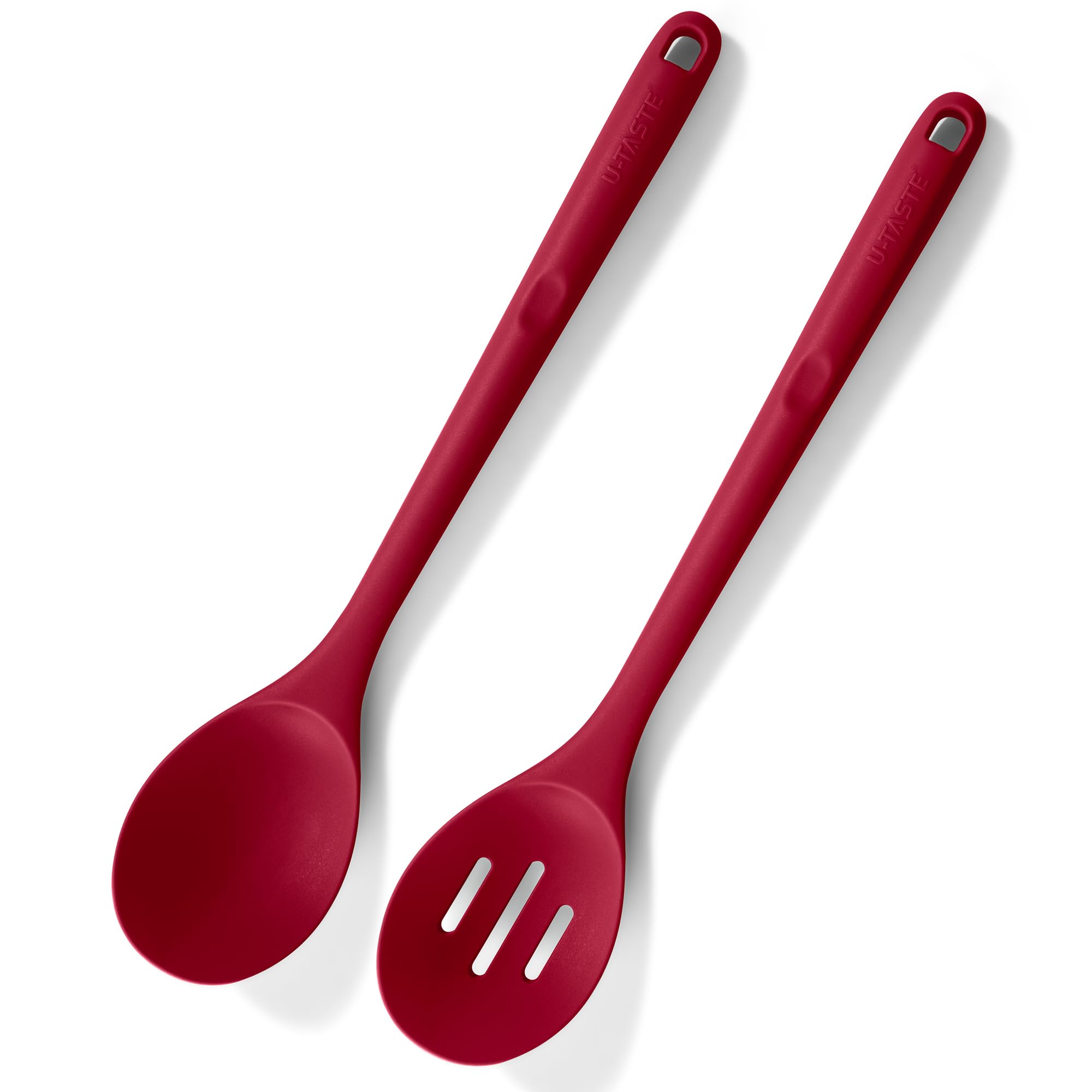 U-Taste 33,9 cm Bardzo Długa Łyżka Silikonowa: łyżka do gotowania odporna na ciepło 315 ℃, solidna i cedzakowa łyżka z powłoką nieprzywierającą do serwowania, mieszania (Czerwony, 2 sztuki)