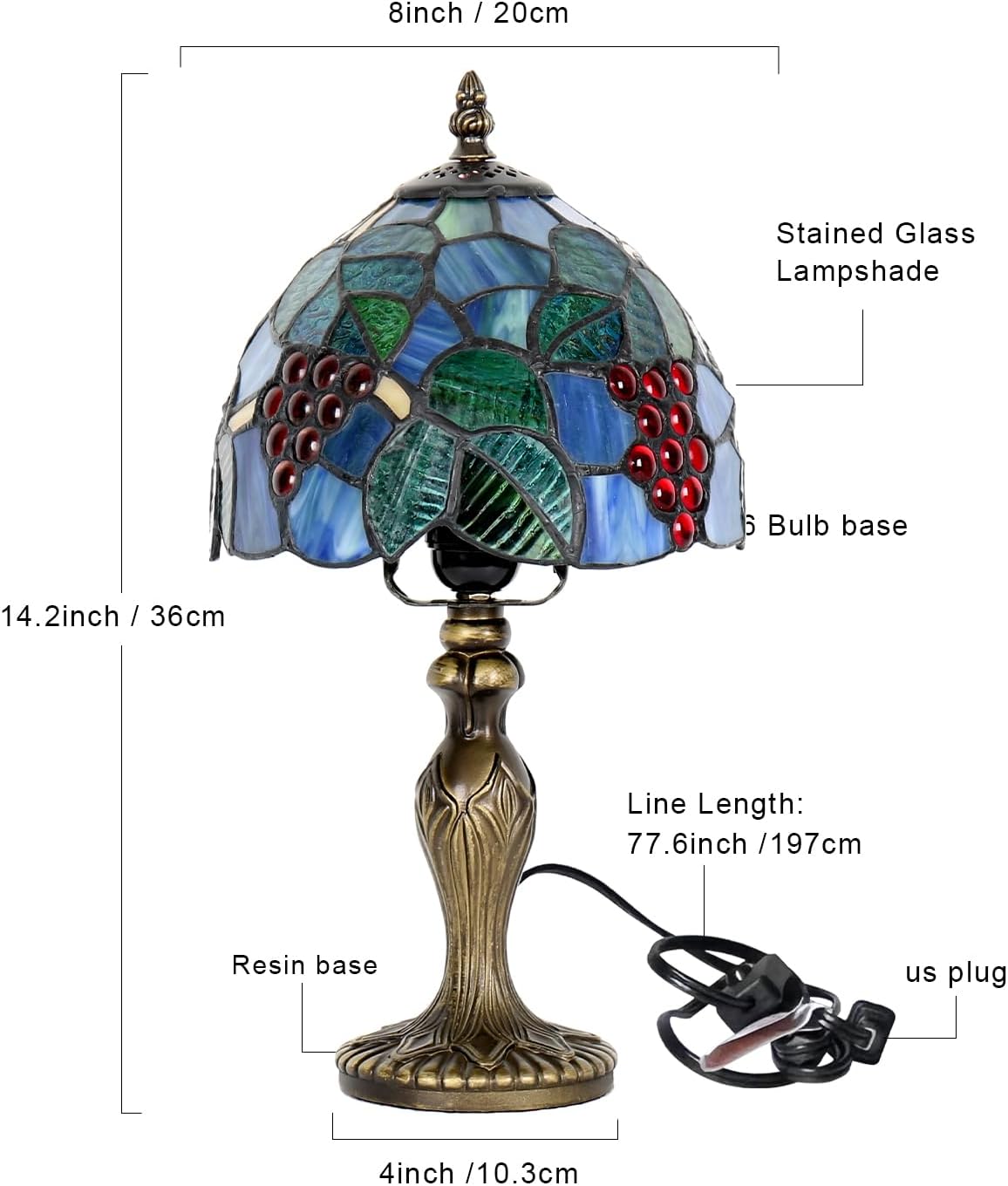 Tiffany Table Lamp, Stained Glass Lamp, Grape Style, 8 Inch Small Night Light, for Bedroom Living Room Office