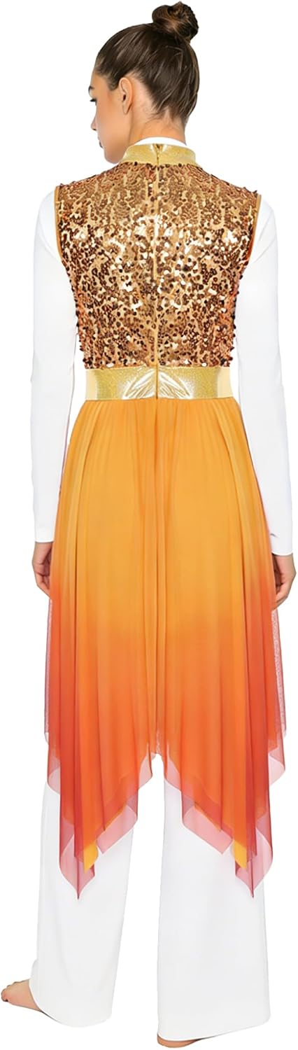 Womens Sequins Praise Dance Dress Sleeveless Asymmetrical Liturgical Worship Dance Tunic Gradient Mesh Choir Overlay