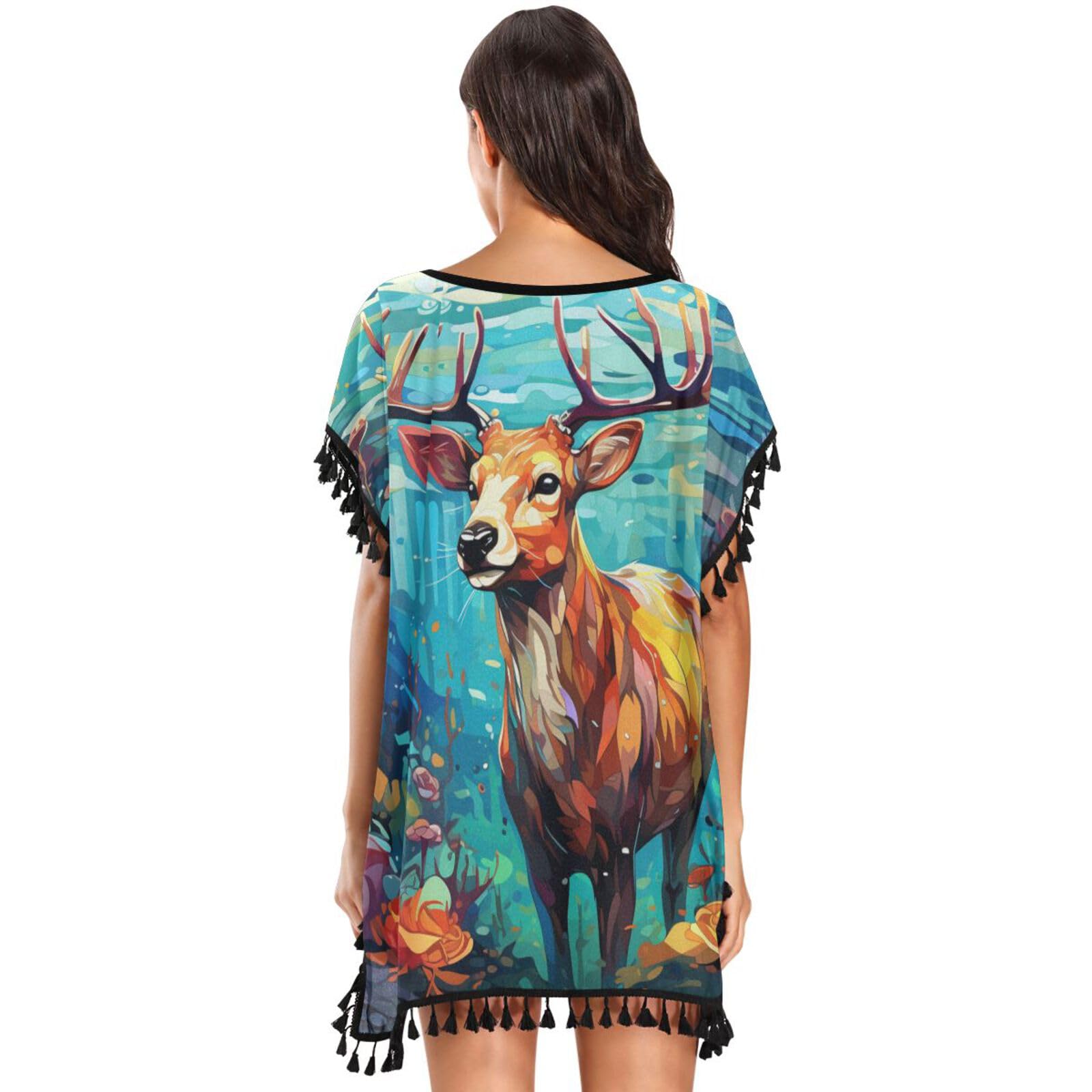KAAVIYO Colorful Deer Blue Sea Women's Beach Cover Up Chiffon Tassel Swimwear Swimsuit Coverups for Girl