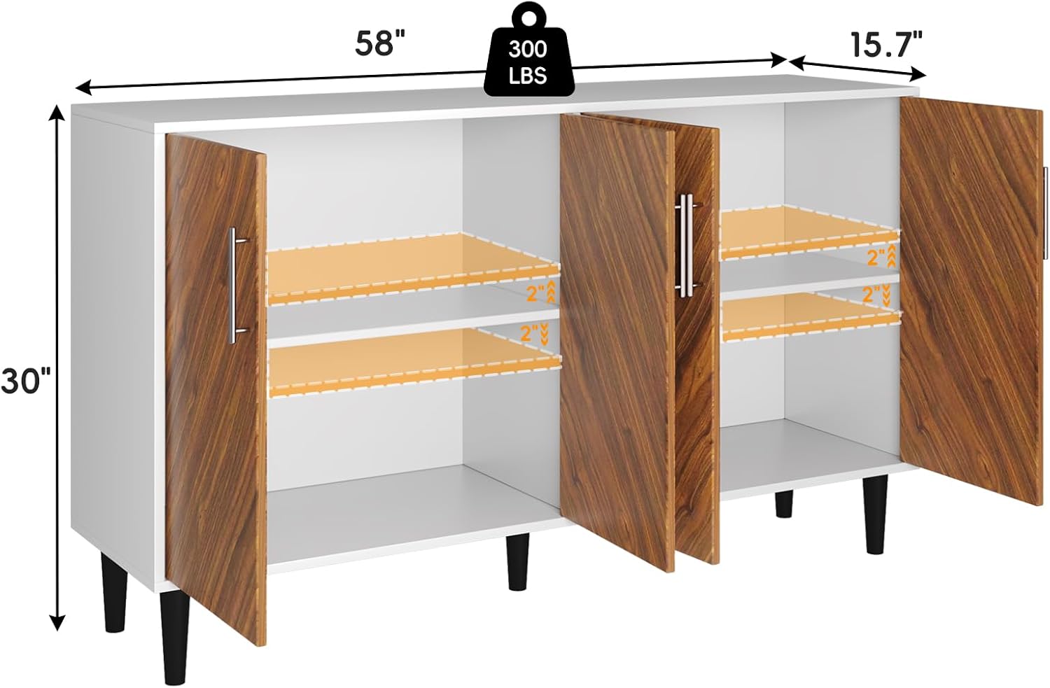 4 EVER WINNER Coffee Bar Cabinet with Storage, 58" Buffet Cabinet with 4 Doors & Adjustable Shelf, Credenza Storage Cabinets, White