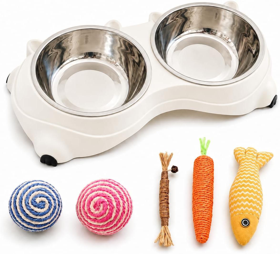 Cat Bowl Set with Post‑Meal Play Toy, 15° Tilted Anti‑Vomiting Feeder, 2 Detachable Stainless Steel Bowls for cat & Puppies