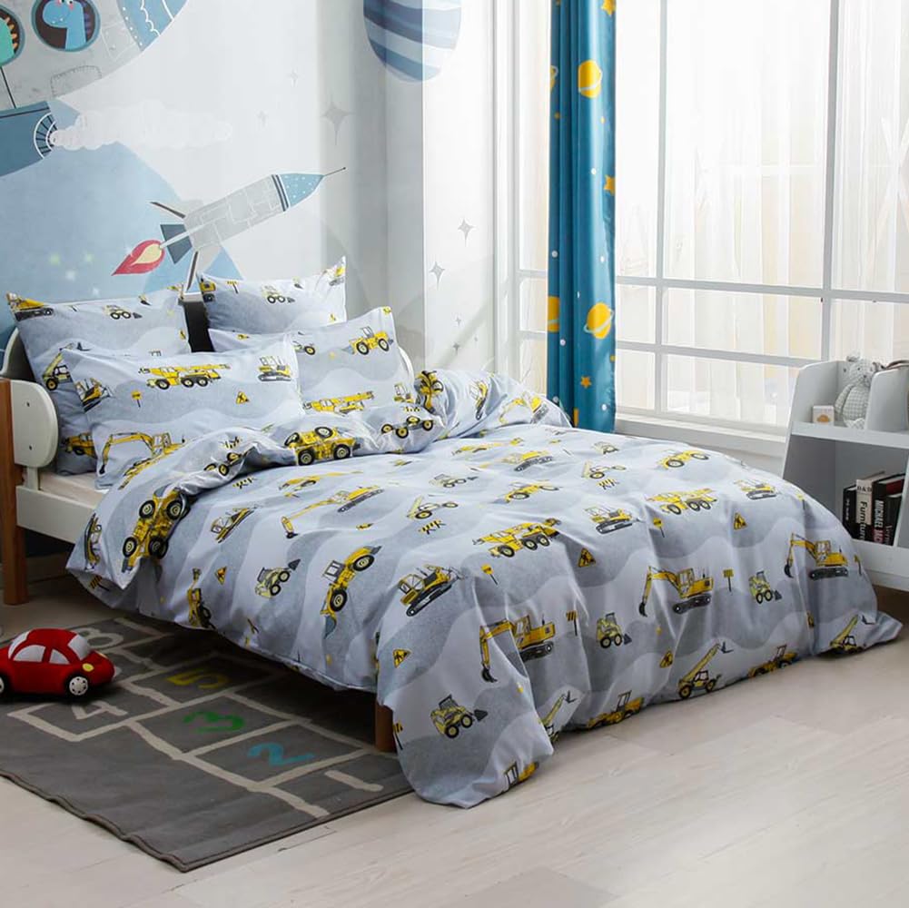 AShanlan Kinder Jungen Bettwäsche 135x200 Bagger Baustelle & LKW Motiv Kinderbettwäsche Set 100% Mikrofaser Weiß Grau Bettbezug mit Kissenbezug 40x80 cm