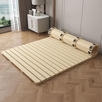 Folding Bed Frame, Solid Wood Futon Frame, Tatami Bed Frames, Wood Roll-Type Slatted Bed Pallet Bed Frame, Floor Bed Frame for Bedroom74.8" L*39.3" W