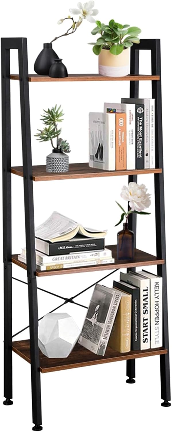 Farmhouse Ladder Shelf Bookcase, 4 Tier Rustic Ladder Bookshelf, Standing Leaning Book Shelves for Living Room