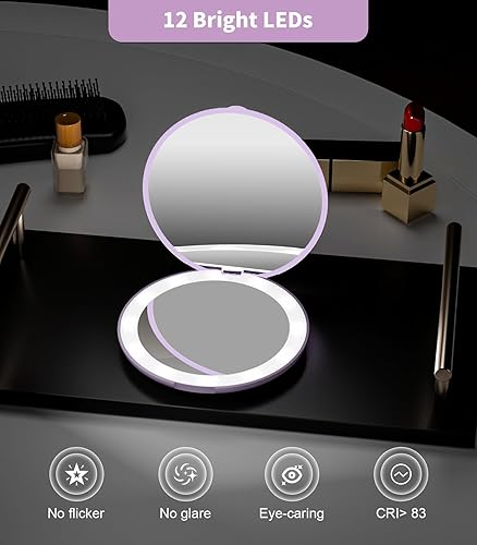 Miniatura 34 de WOBSION Espejo compacto de viaje, espejo portátil de maquillaje LED 1x/10x con aumento, espejo de bolsillo de mano de 2 lados, espejo pequeño de 3.5
