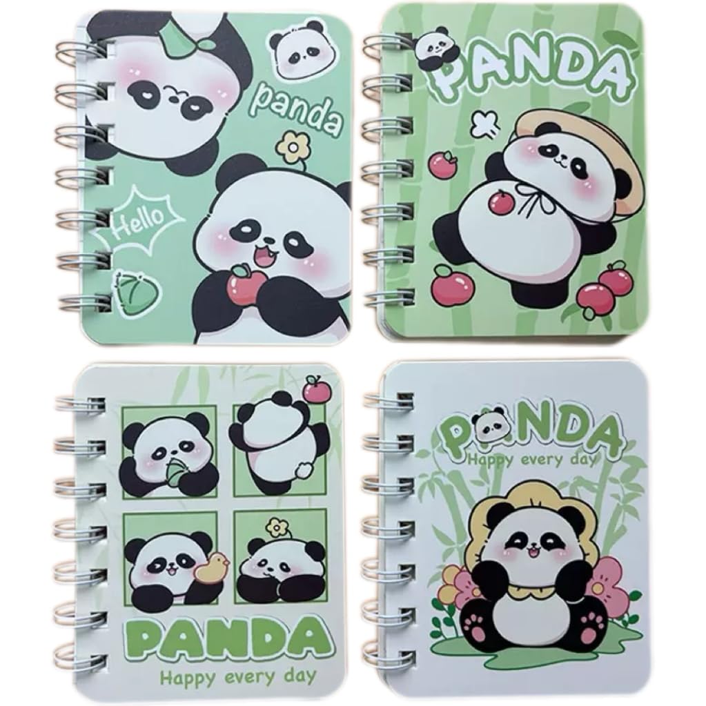 x trade 4PCS cute panda capybara rabbit Notebook Wirebound Small Mini Pocket Journal Diary for Girls Boys Kids Gift Spiral bound A7 Lined Notebook Writing Drawing Notepad (Panda)