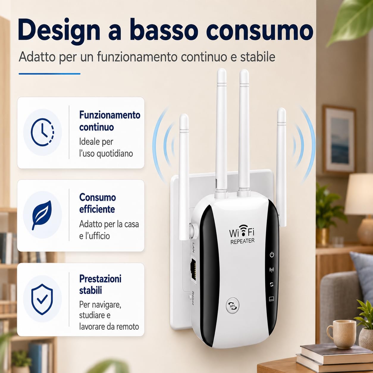 Ripetitore WiFi Potente 300Mbps (2.4 GHz) con 4 Antenne, Amplificatore di Segnale Wifi, 1 Porta LAN, Supporta Ripetitore/Router/AP - Ideale per Casa e Ufficio