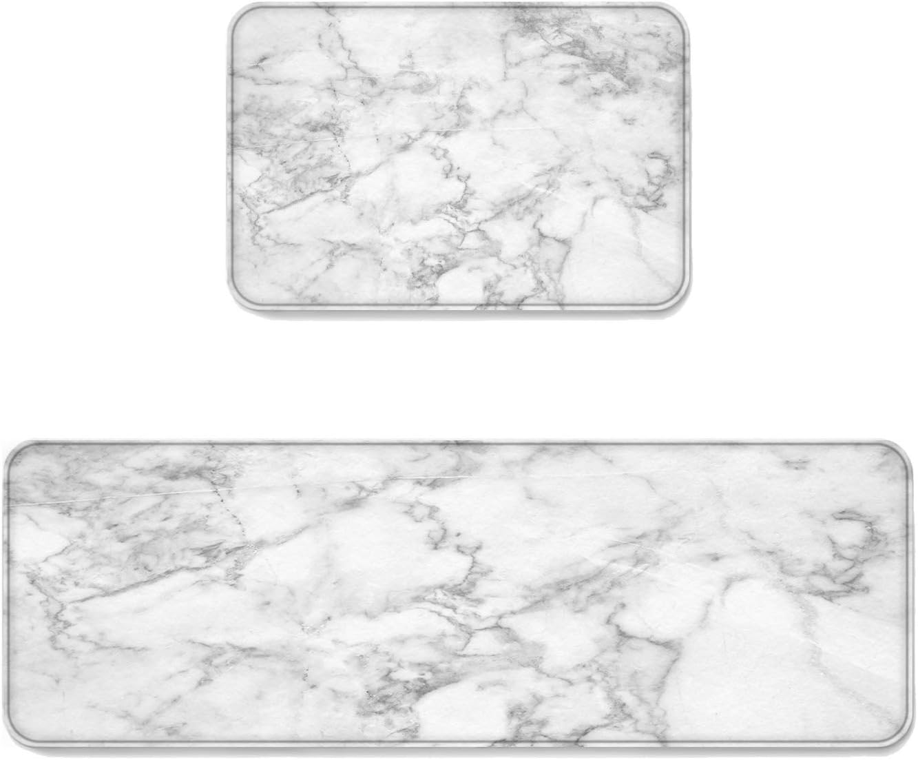 2 Piece Non-Slip Kitchen Mat Runner Rug Set Doormat White Marble Door Mats Rubber Backing Carpet Indoor Floor Mat (15.7" x 23.6"+15.7" x 47.2")