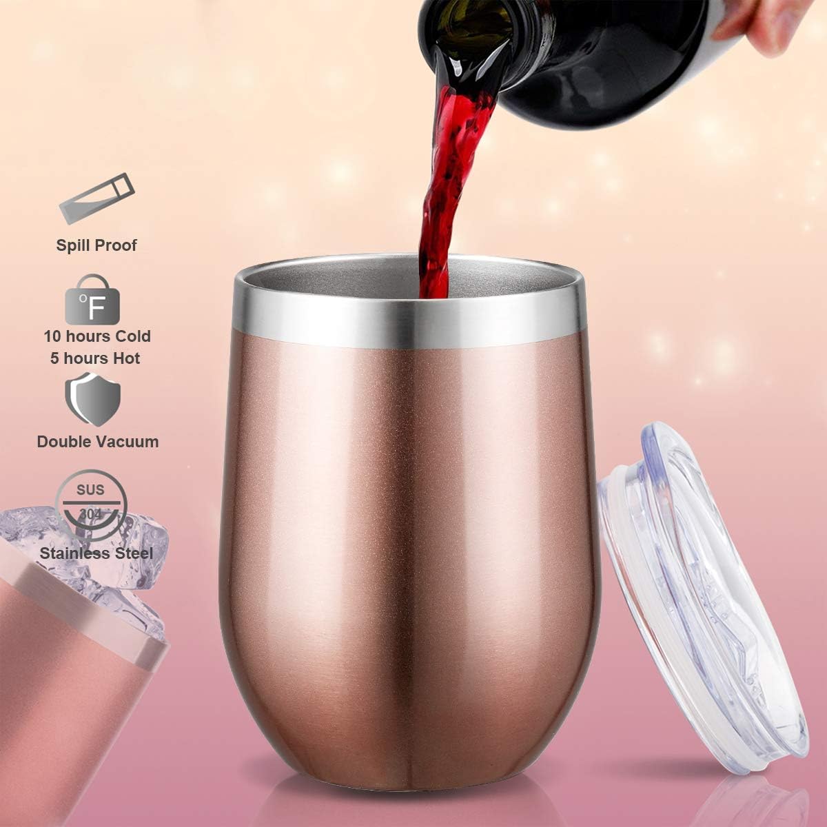 YIIOJUU Insulated Stemless Wine Tumbler with Spill Proof Lid, Dishwasher Safe, Rose