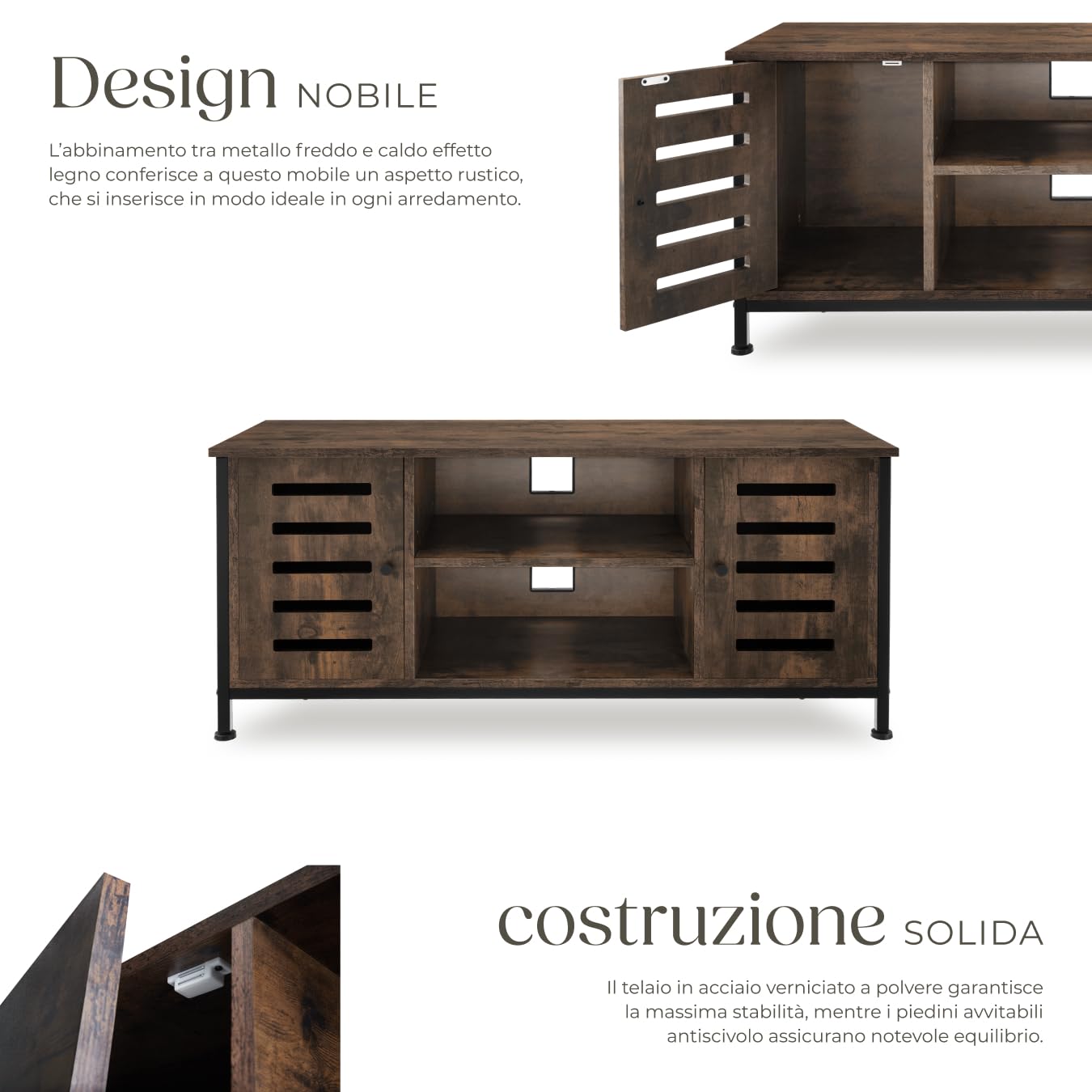 tectake 801106 Mobile da TV Carlow, 2 ripiani con porta, Piedi in plastica regolabili in altezza