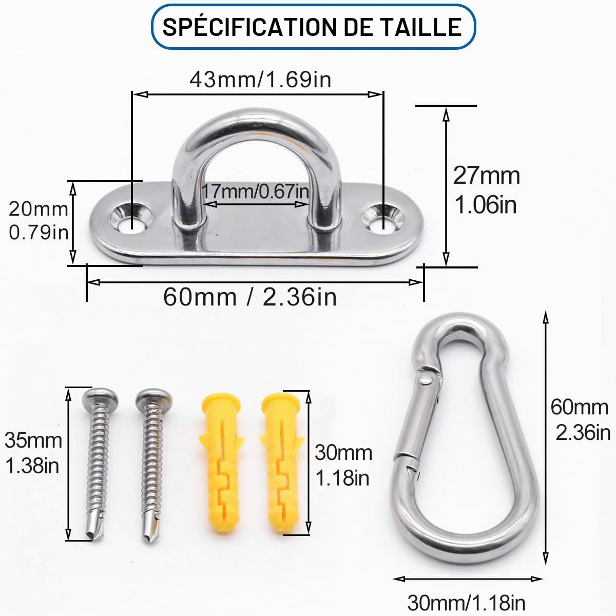 Crochet Plafond 60mm, Pontet INOX M6 (8 Pcs) et Mousquetons M6 (8 Pcs), Combinaison de Crochet Plafond de 60mm de Long