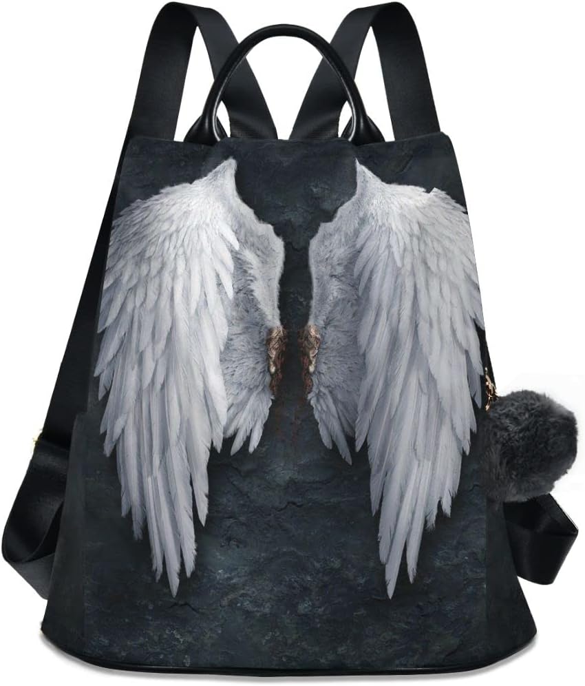 Anti Theft Backpack Angel Wings Feather Women Large Fashion Travel Shoulder Bag Purse Rucksack Lightweight