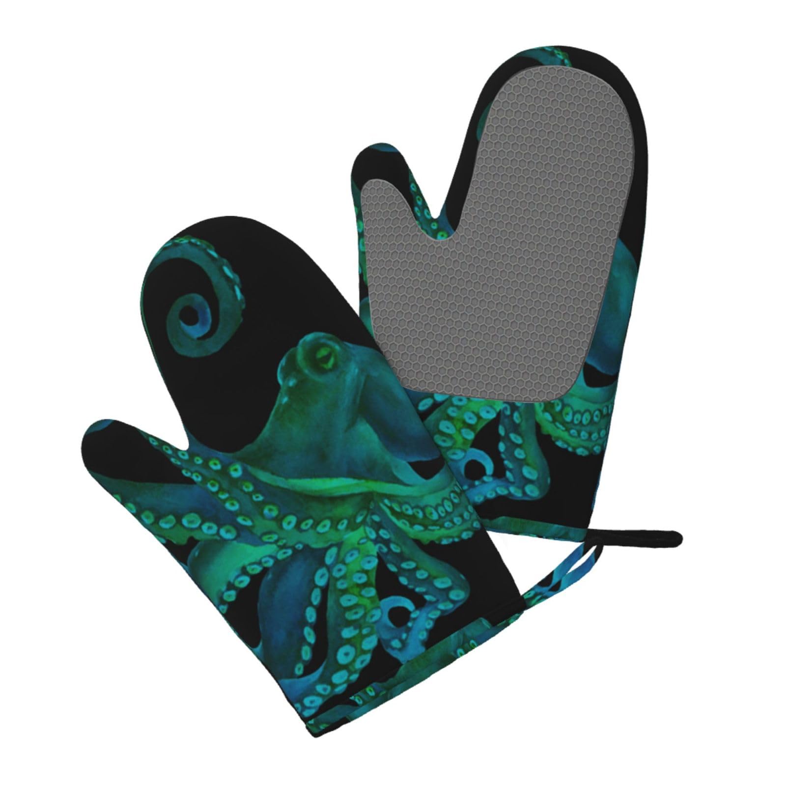 Aqrjlpo Women's Blue Octopus Silicone Oven Mitts Set 2Pcs, Printed Heat Resistant Non-Slip Silicone Oven Gloves For Kitchen Cooking Baking Microwave