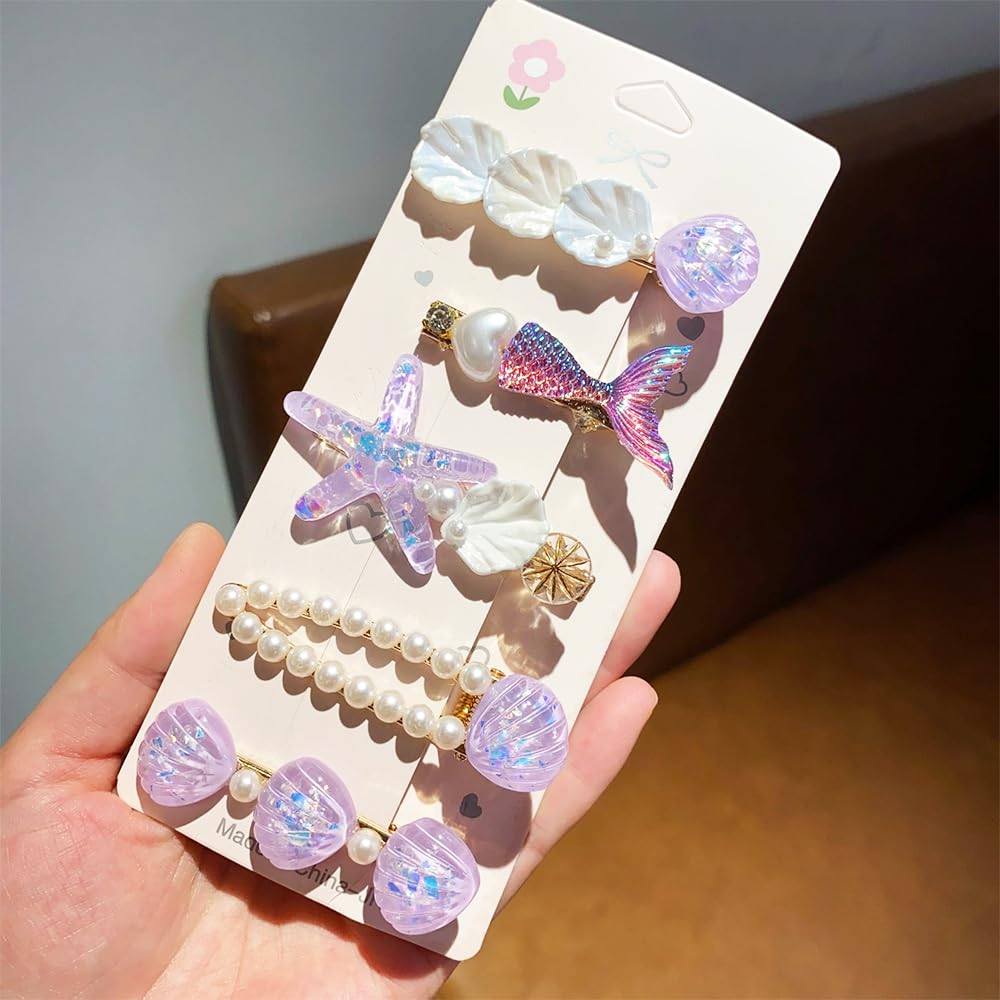 MEEKEST 5 Pcs Starfish Seashell Hair Clips Mermaid Costume Pearl Beach Ocean Hair Accessories Women and Girls （Purple）