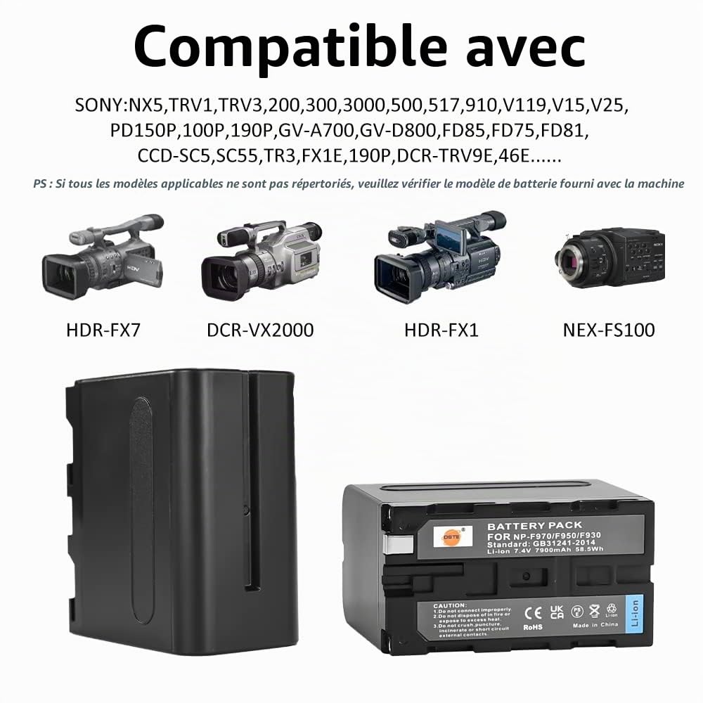 DSTE NP-F970 Batterie Compatible pour Sony CCD-TR500, CCD-TR511E, CCD-TR512E, CCD-TR515E, CCD-TR516, CCD-TR516E, CCD-TR517, CCD-TR555