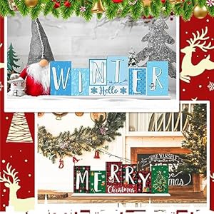 Reversible Christmas Wooden Table Sign - Double Side Xmas Tabletop Decor - Merry Christmas Tiered Tray Decor - Hello Winter Wood Block Farmhouse Table Centerpiece for Home Mantle Shelf Party Reversible Christmas Wooden Table Sign Double Side Xmas Tabletop Decor Merry Christmas Tiered Tray Decor Hello Winter Wood Block Farmhouse Table Centerpiece for Home Mantle Shelf Party