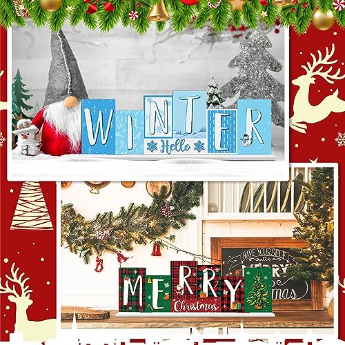 Reversible-Christmas-Wooden-Table-Sign-Double-Side-Xmas-Tabletop-Decor-Merry-Christmas-Tiered-Tray-Decor-Hello-Winter-Wood-Block-Farmhouse-Table-Centerpiece-for-Home-Mantle-Shelf-Party Reversible Christmas Wooden Table Sign Double Side Xmas Tabletop Decor Merry Christmas Tiered Tray Decor Hello Winter Wood Block Farmhouse Table Centerpiece for Home Mantle Shelf Party