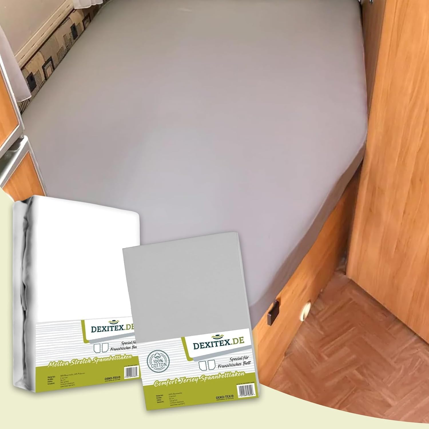 Spannbettlaken Wohnmobil 2er Set - 1 Spannbettlaken Grau + 1 Molton matratzenschoner mit Ecke rechts(125-155cm x 200cm)- Französische Betten - für Wohnwagen Matratze - Oeko-TEX