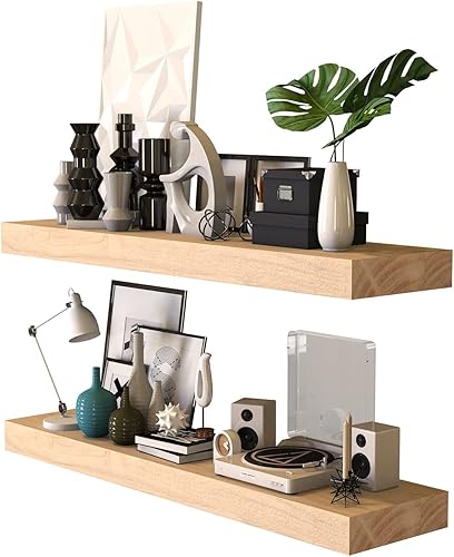 Juego de 2 estantes flotantes de madera, madera natural rústica de 36 pulgadas, estantes de almacenamiento rústicos montados en la pared para