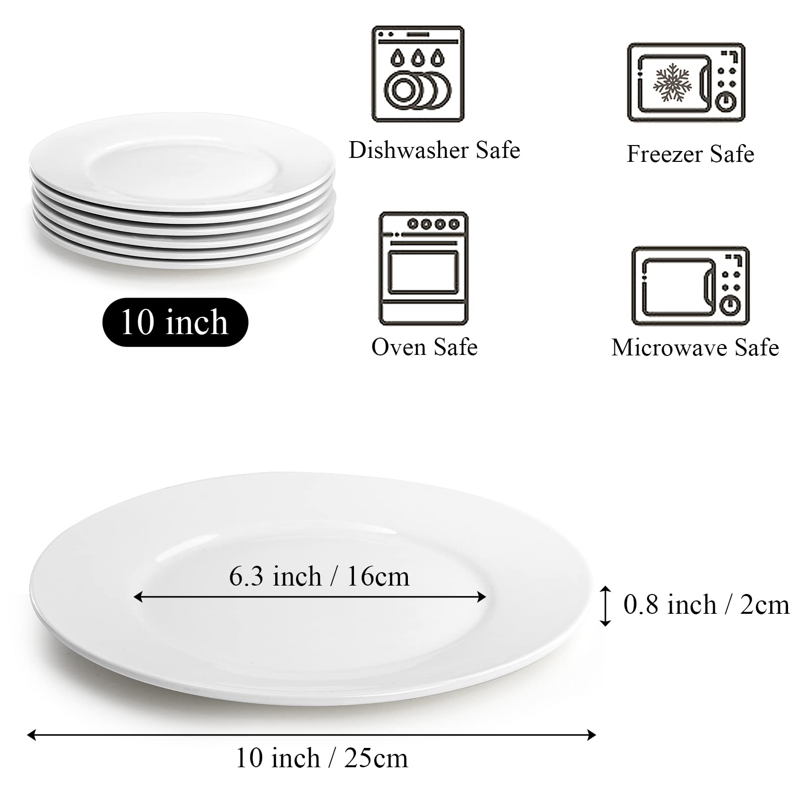 Foraineam Set di 6 Piatti Piani in Porcellana, 25,5 cm, Piatti Rotondi da Portata per Ristorazione, Set di Stoviglie per Microonde, Forno e Lavastoviglie