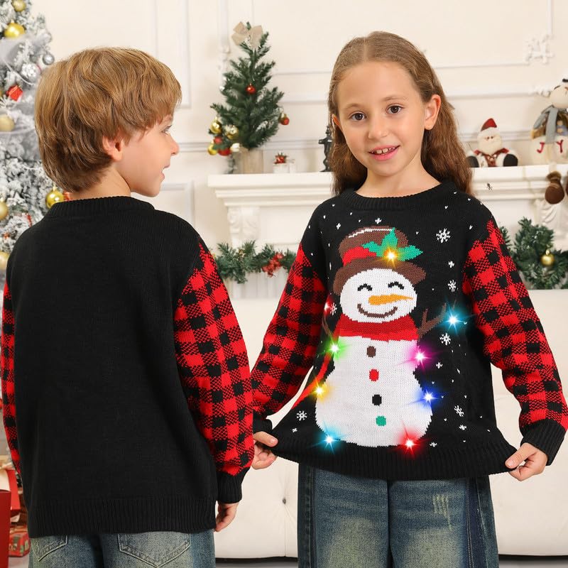 Maglione Natalizio Bambino con Luci, Maglioni Natalizi Bambini Divertenti, Girocollo Maglioncino Natalizio Famiglia Led Ugly Christmas Sweater,Brutti Maglioni di Natale per Bimbo/Bimba/Ragazza/Ragazzo