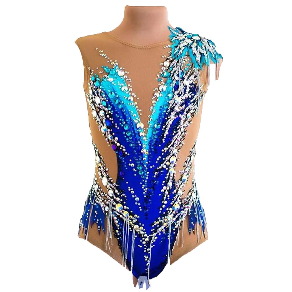 Lady's Gymnastics Competition Skirt Blue Halo Dyeing Girls' Ice Skating Dress Professional Figure Skating Wear Crystal,A,4/6