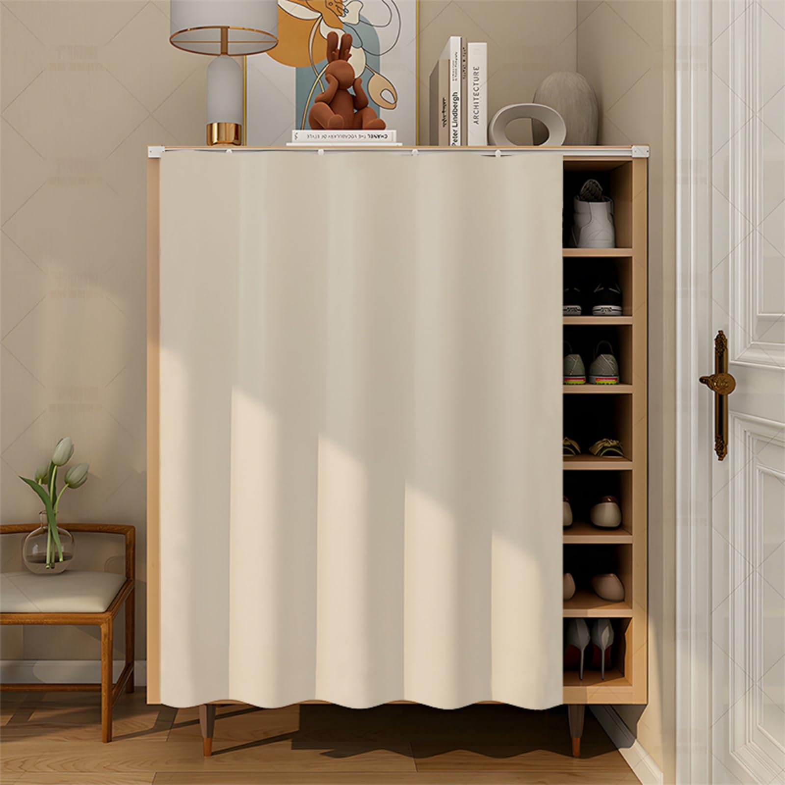 Fasbuy Cupboard Short Curtains Kitchen with Hook and Loop, Hide Away Small Curtains for Kitchen Cupboard Door - No Drilling Is Required for Under Sink, Bookcase, Bathroom (Beige,H140x70cm) — image 1