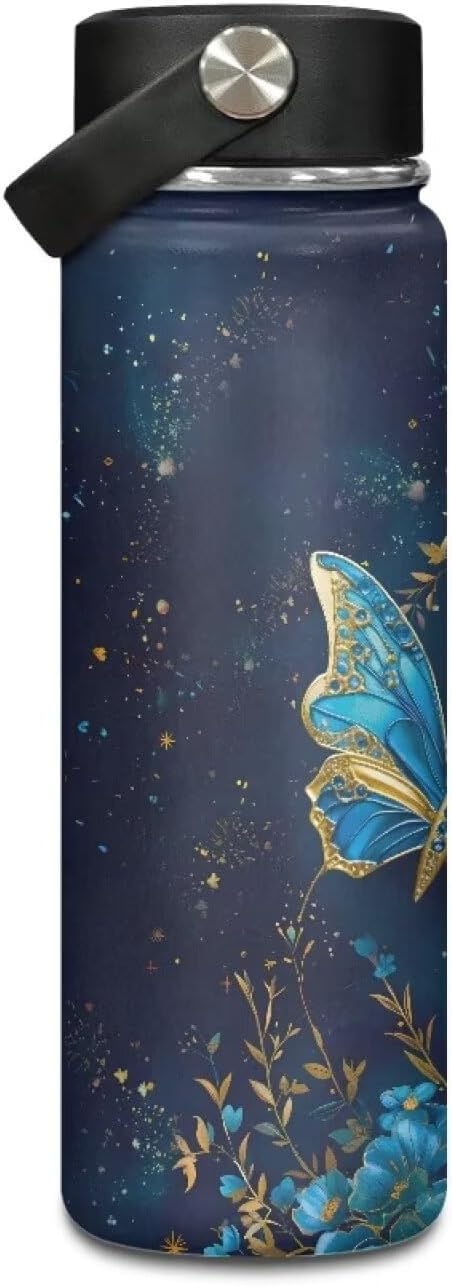 Flashideas Blue Butterfly Water Bottles Stainless Steel Vacuum Insulated Water Bottles Leakproof Lightweight Keeps Cold and Hot Great for Travel Hiking Biking Running