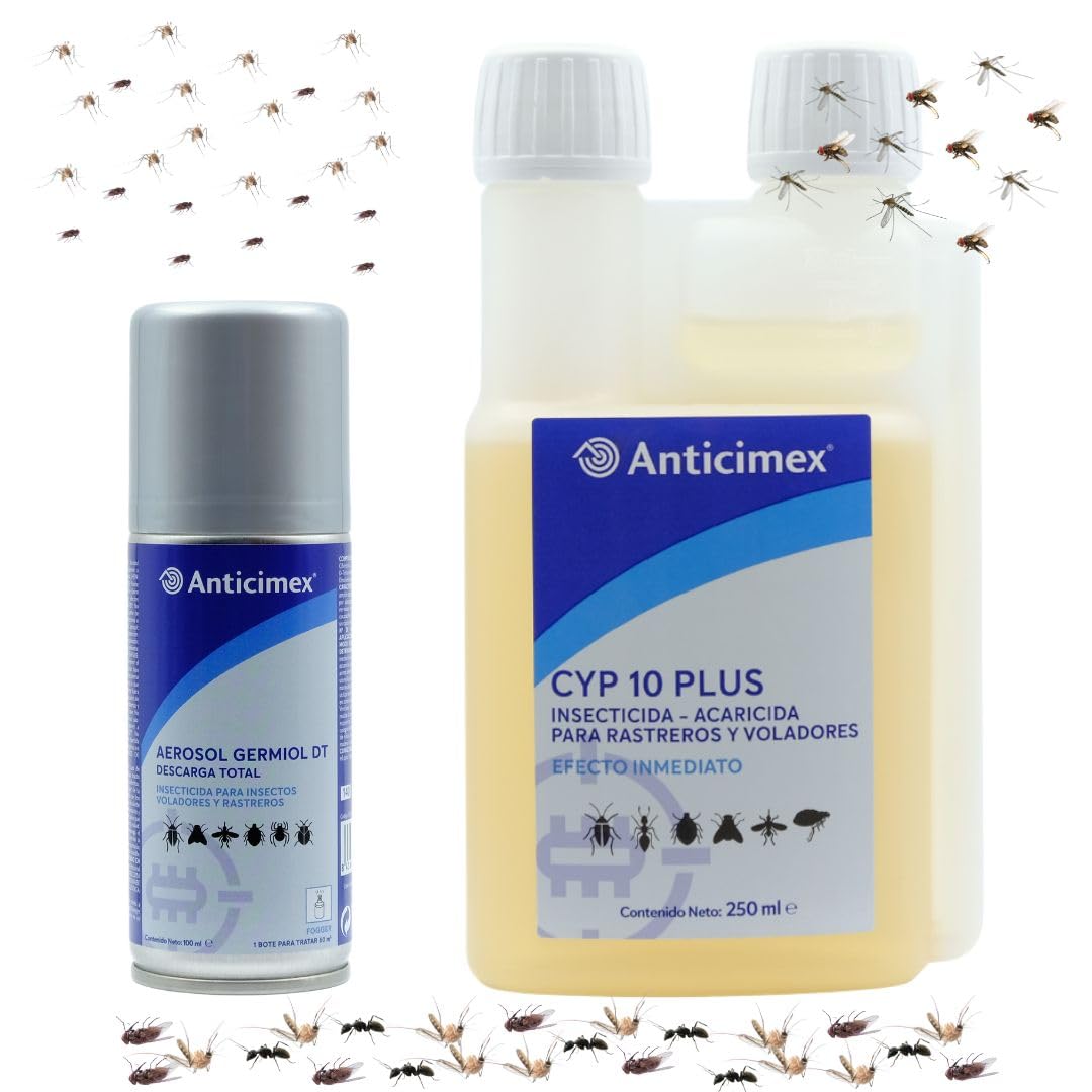 Anticimex | Pack CIPERGEN y GERMIOL | Insecticida Profesional Interior y Exterior | Concentrado con Cipermetrina y Bomba Descarga Total | Elimina Mosquitos, Cucarachas, Chinches y Más