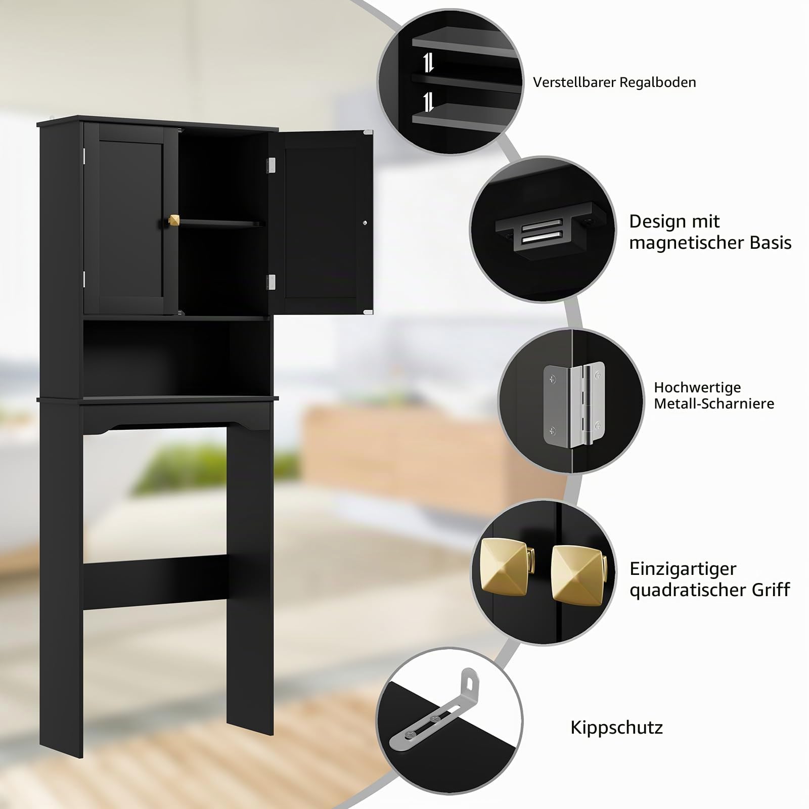 RRX WC-Aufbewahrungsschrank, Badezimmer-Organizer, 63 x 23 x 160 cm (L x B x H), freistehender Toilettenständer mit verstellbarem Regal und offenem Stauraum, Doppeltüren (Schwarz)