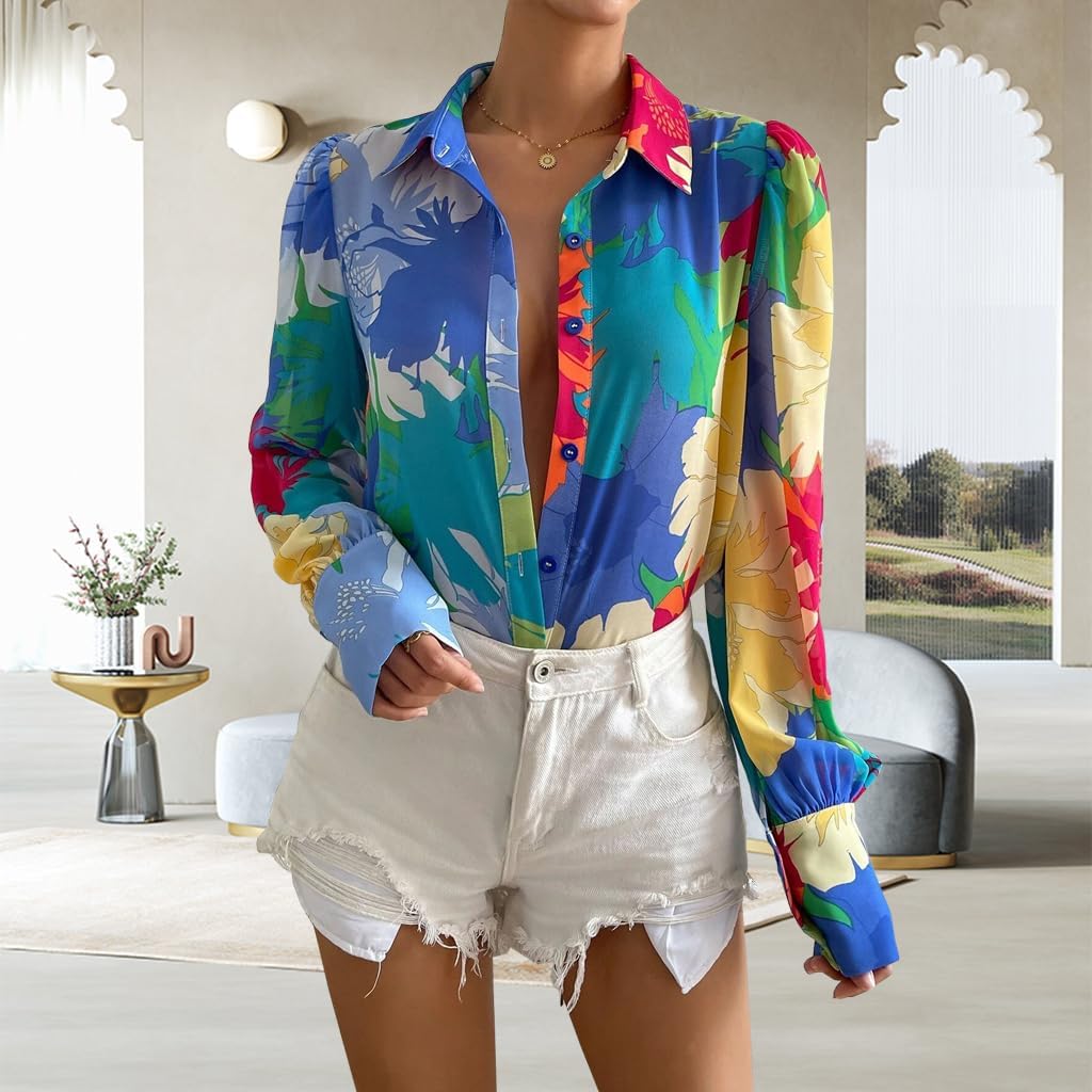 Button Down Shirts for Women Dressy Lantern Long Sleeve Blouses Printed Casual Loose Colorful Blouse Work Tops - Image 5