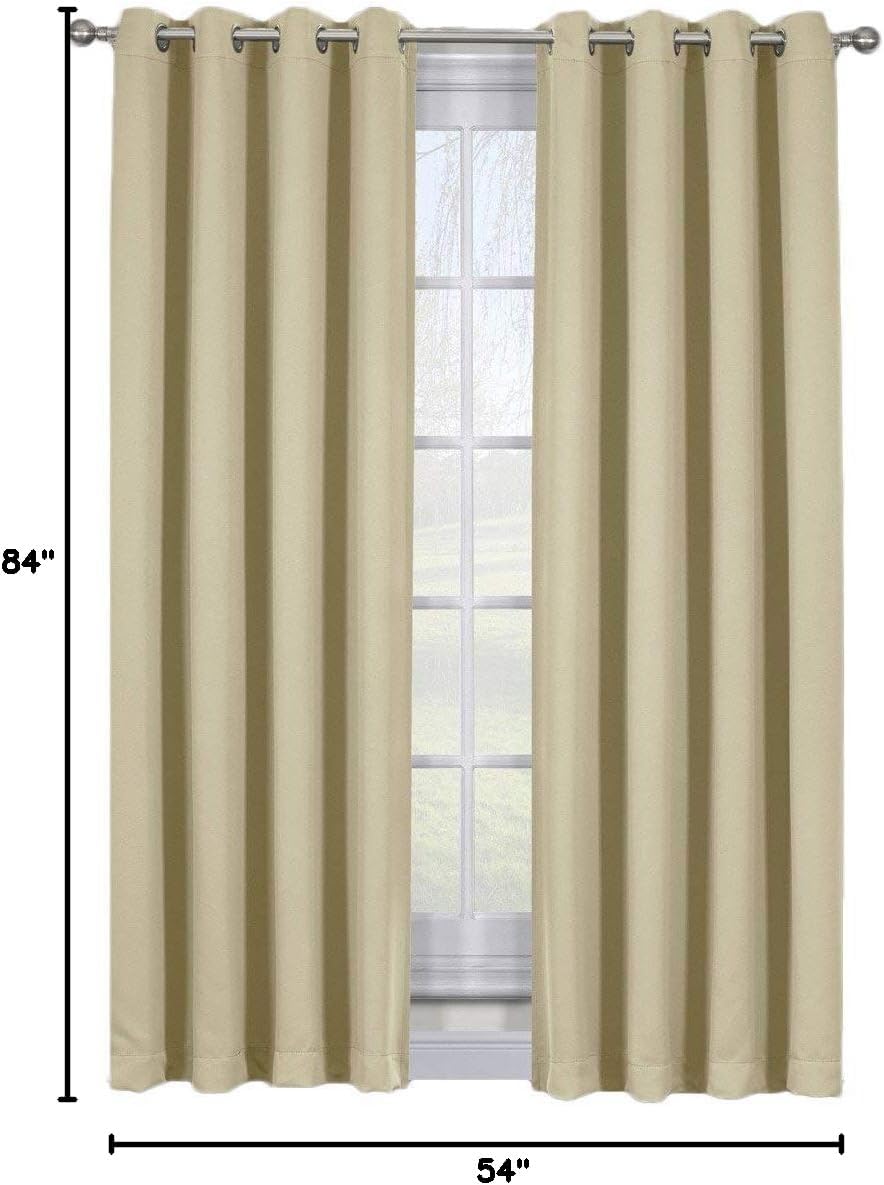 Royal Bedding Ava Beige Curtains, Top Grommet Blackout, Triple Weave Blackout Window Curtain Panels, Pair/Set of 2 Panels with Tie Backs, 54Wx84L inches Each