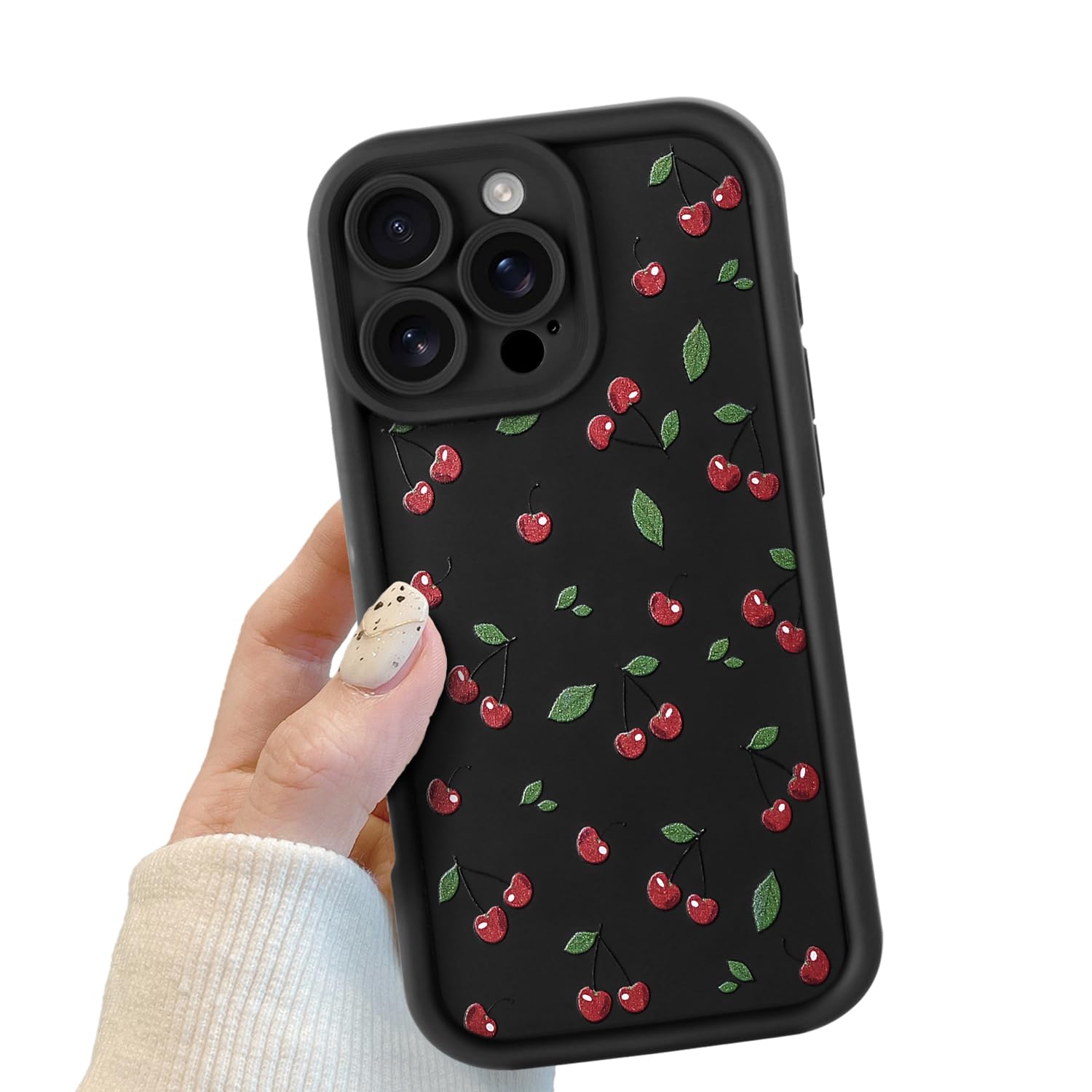 Black Cute Cherry Phone Case for iPhone 16 Pro, Cute Red Cherry Pattern Shockproof Bumper Phone Case for Women Girls, Soft...