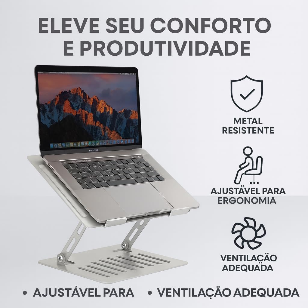 Suporte para Notebook em Aço Carbono Apoio Ajustável Apoiador Dobrável E Ergonômico Ventilado para Mac Notebook MacBook Pro/Air Lenovo Dell e Mais (10-17 Laptop) até 17.3" (10KG) Home Office e Estudos