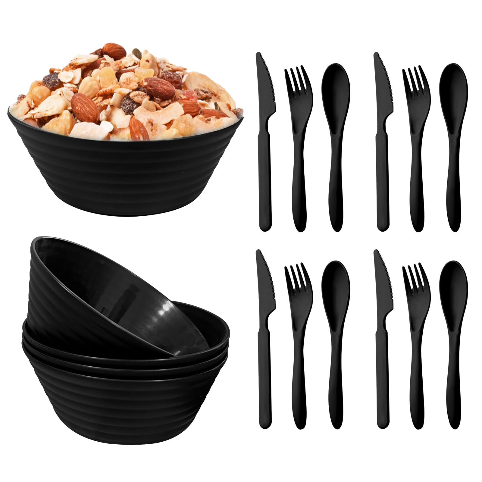 Bol de pique-nique léger lot de 4 grands saladiers noirs de 20 cm pour camping