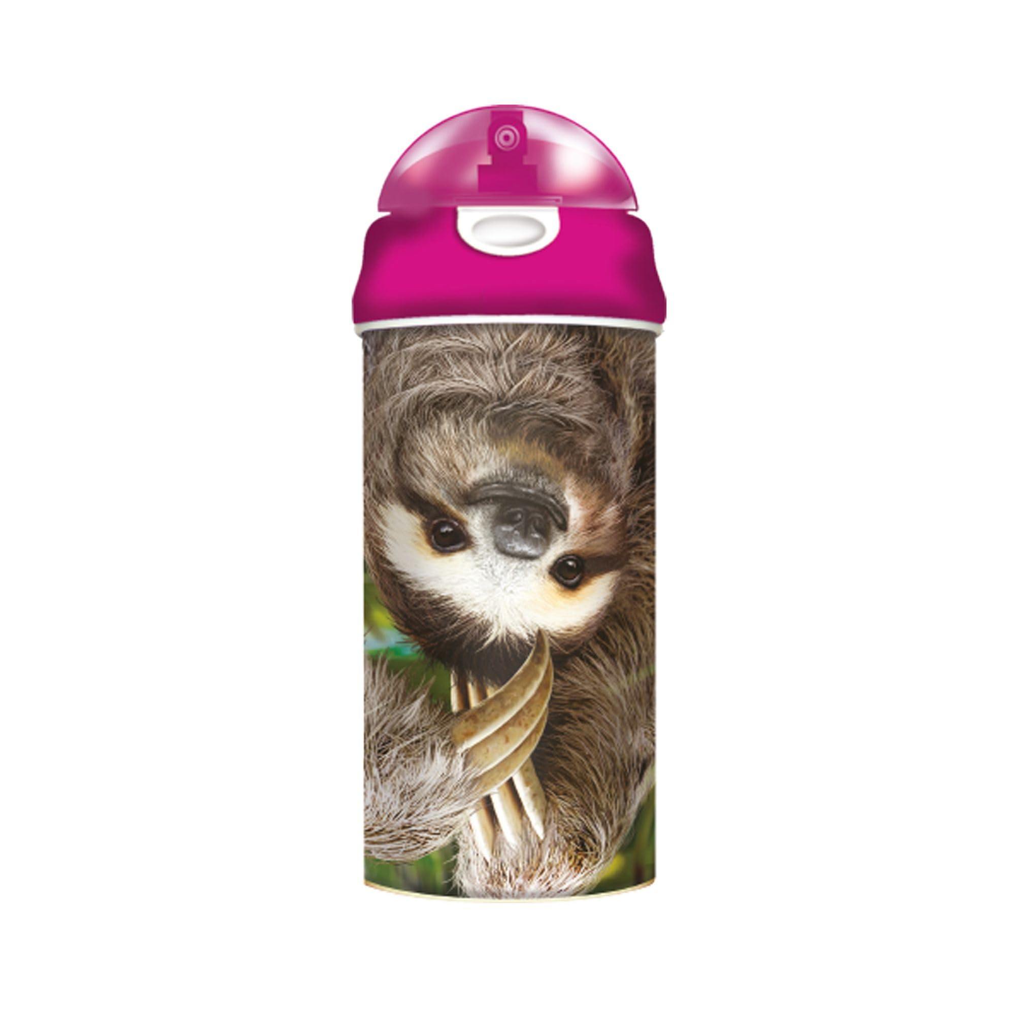 3D LiveLife Drinking Bottle - Hangin' Around from Deluxebase. 3D Lenticular 600ml BPA Free Reusable Purple Water Bottle with Straw and Flip Top Lid. Leak Proof Animal Drinks Bottles with Sloth Design. — image 1