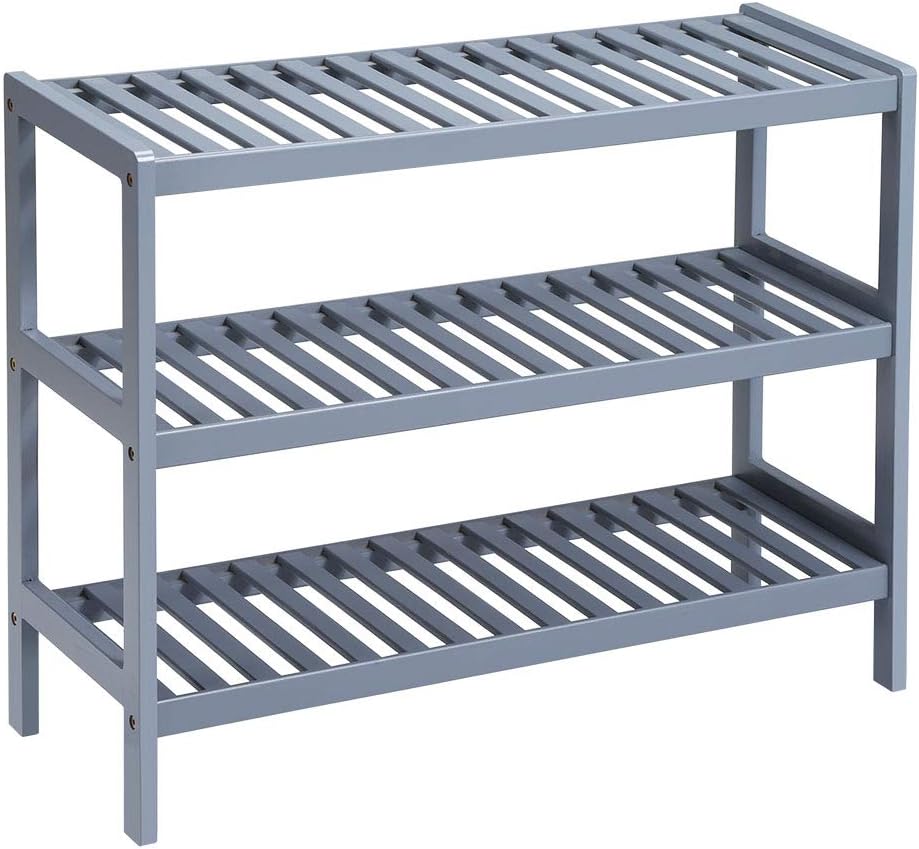 LANGRIA 3 Tier Bamboo Shoe Rack, Free Stand Storage Shelf for Boots Heels Bag Holder, Holds Up to 12 Pairs, 27.5 in W x 9.8 in D x 21.7 in H, Ideal for Entryway Hallway and More (Gray)