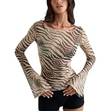 Animal Print Tops for Women Zebra Print See Through T Shirt Long Sleeve Y2K Aesthetic Going Out Tops