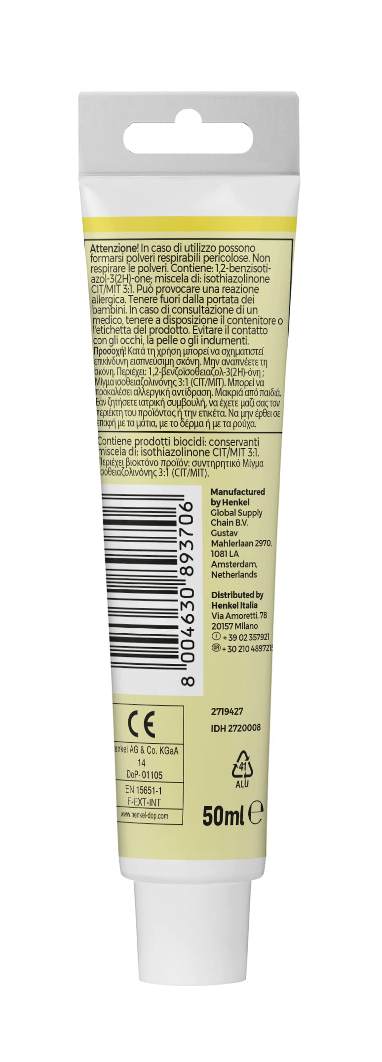 Pattex Sigillante Bianco Muri e Fessure, Acrilico, Verniciabile, per Facciate, Giunti, Fessure, Inodore, Uso Interno, Senza Solventi, Tubo da 50 ml