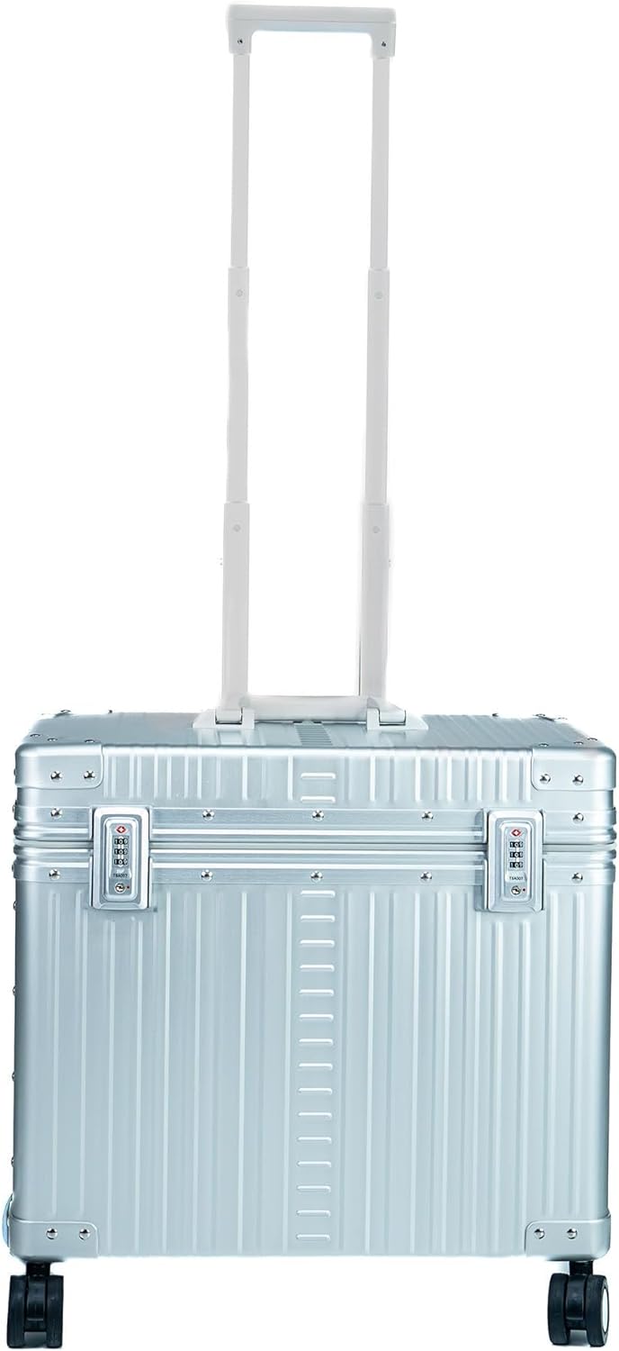 Aleon 17” Four-wheeled All Aluminum Pilot Case, Carry-On Luggage, Rolling Laptop Bag for Men and Women, Personal Item Travel Bag with TSA-Approved Resettable Locks, Overhead Compatible (Platinum)
