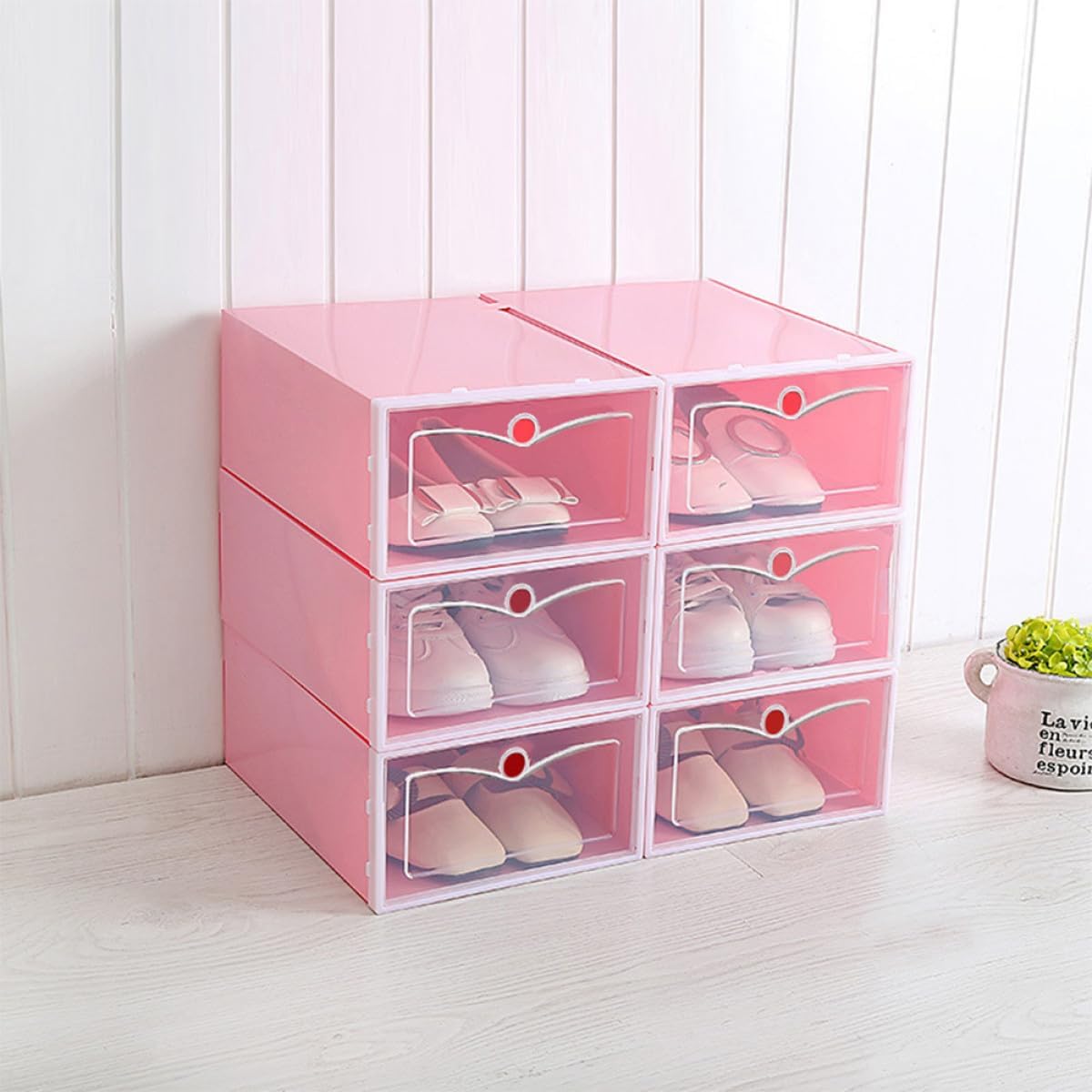 6pcs Stackable Shoes Storage Boxes Large Size Thickened Plastic Shoe Containers Pink for Closet Organization and Entryway Storage