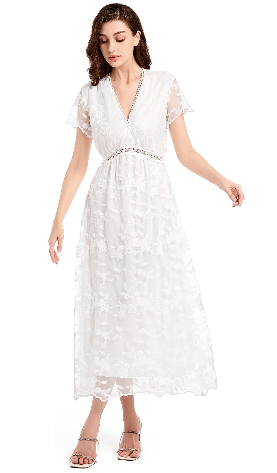 BOUTIKS Vestido Largo de Noche con Escote en V Profundo y Encaje Floral para Mujeres, Vestido Corto de Novia con Mangas Cortas para Fiesta de Cóctel y Ceremonia de Bodas