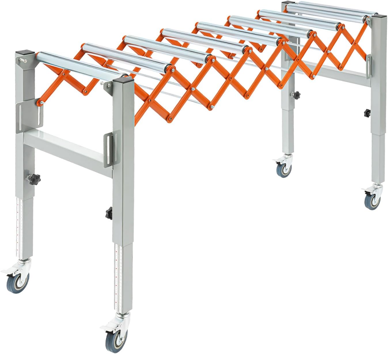 Roller Conveyor Table for Table Saw – Outfeed/Infeed Support Stand with Wheels, Adjustable Height & Length, Heavy-Duty Iron, for Woodworking, Drum Sander, Planer (18–51 in, Orange/Silver)