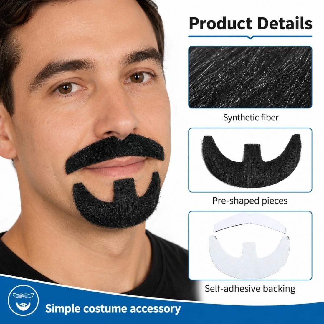 Fake Mustache Self Adhesive Costume Facial Hair Stick On Fake Moustache for Halloween, Cosplay and Funny Party Supplies