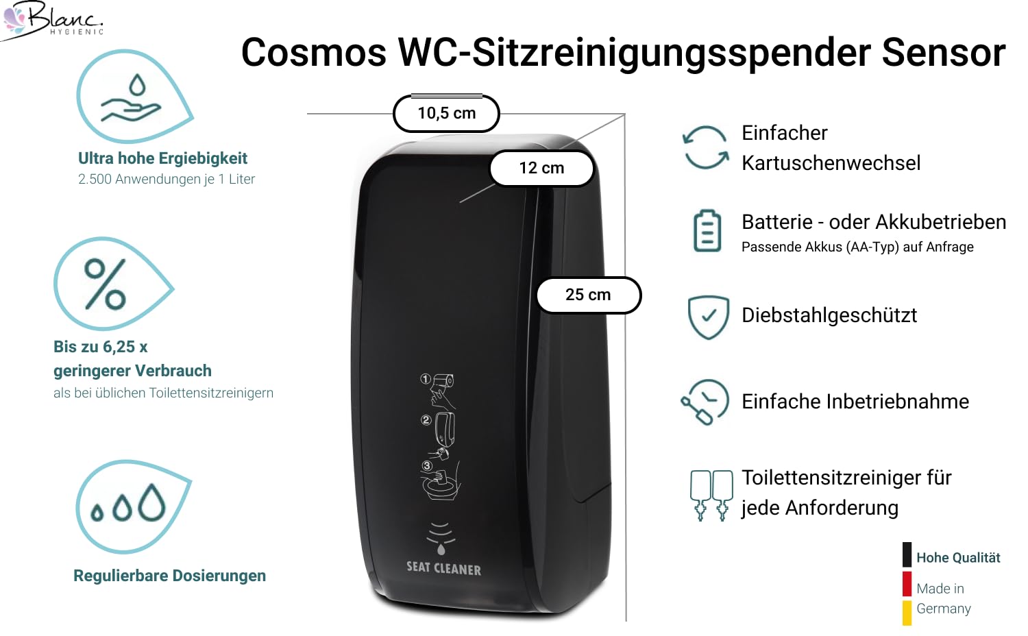 Cosmos WC-Sitzreiniger Sensor Schwarz | Berührungsloser WC-Sitzreiniger, 3 Dosierstufen, bis zu 2.500 Anwendungen je Kartusche
