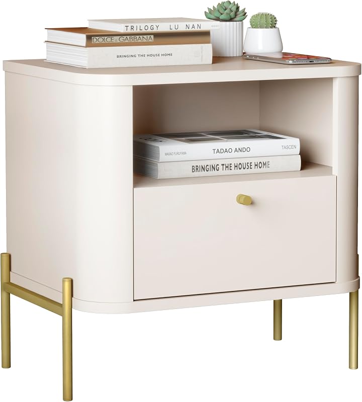 Mesa De Cabeceira Tucupi Slim Modelo Retrô Com 1 Gaveta e Nicho - Mavica Moveis (Off White/Dourado)