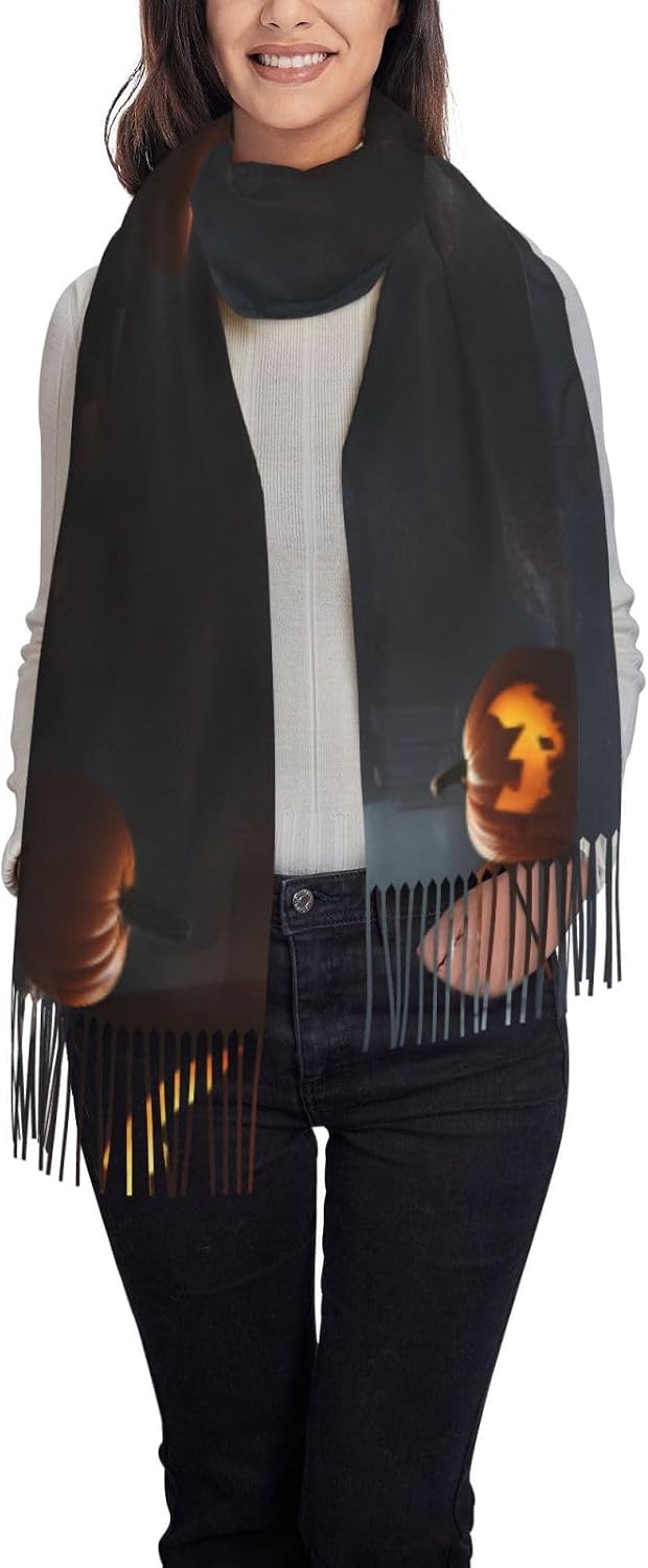Elegant Halloween Pumpkin Print Tassel Scarf For Women,Winter Scarf,77.6" Long With 4" Tassels, 28.3" Wide