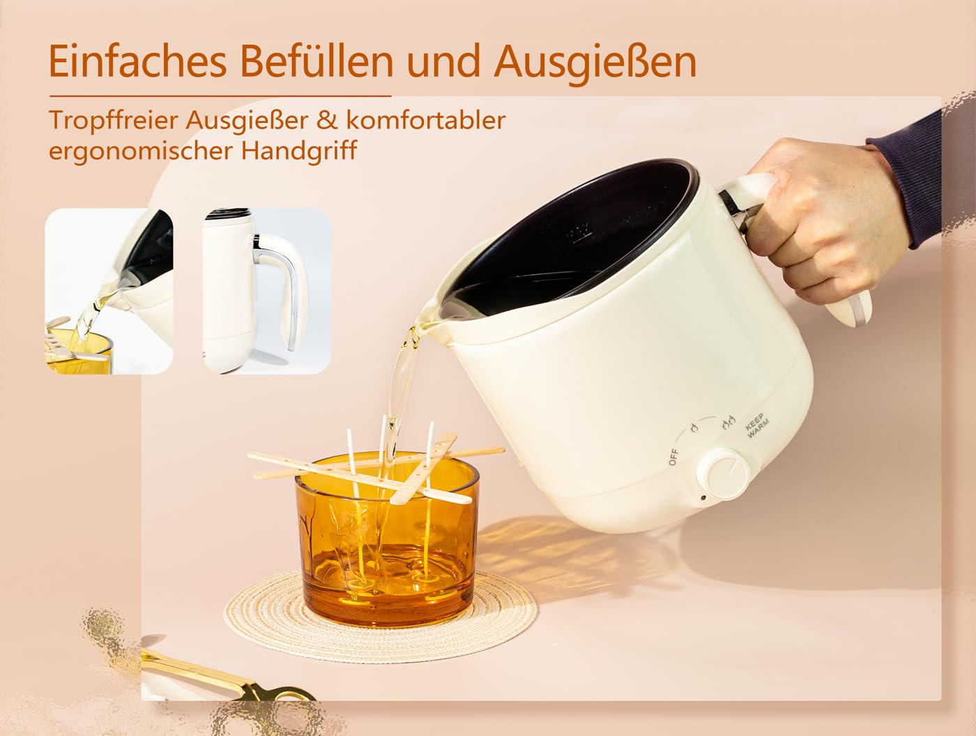 JULWHISPER 1,8L Wachsschmelzer für Kerzenherstellung mit Ausgießvorrichtung | EU Stecker, 1800ml großes Fassungsvermögen, Thermometer, Dochte, Zentriervorrichtung, Rührlöffel inklusive