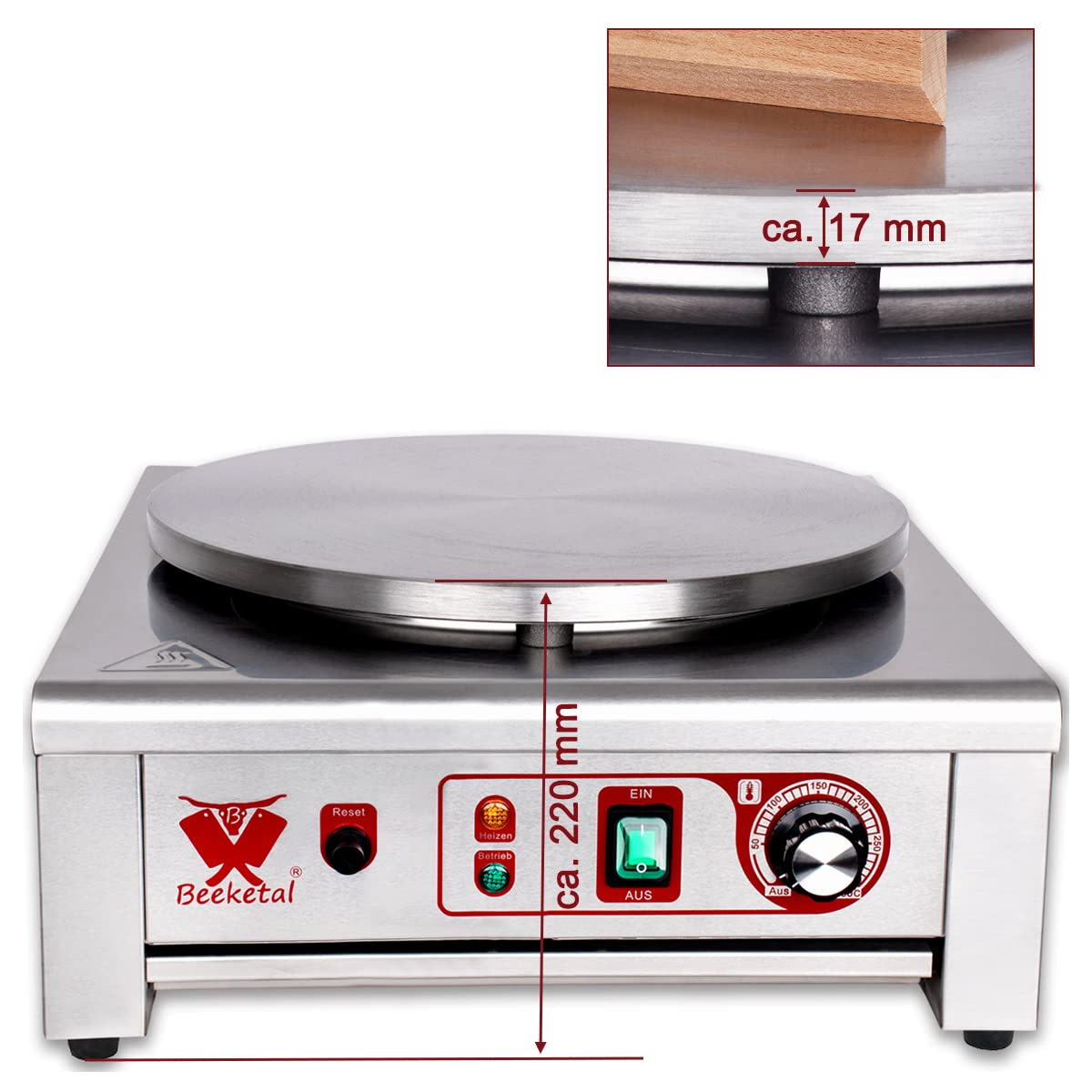 Beeketal 'BC40-1' Gastro Crepes Maker mit Ø 400 mm Gusseisen Crepesplatte, 50-300 °C stufenlos einstellbar, Profi Crepiere im Edelstahl Gehäuse mit extra Schublade